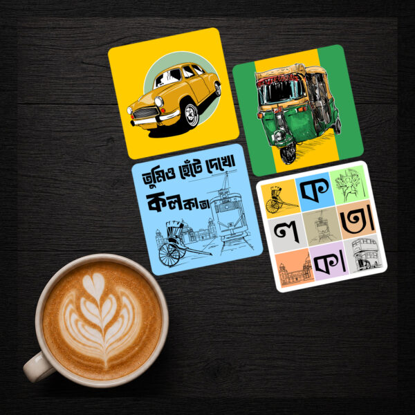 Kolkata Printed Wooden Tea Coaster Set of 4 by Magajastra for Home Office Table Decor