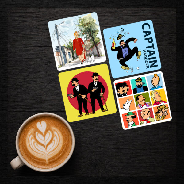 Tintin Printed Wooden Tea Coaster Set of 4 by Magajastra for Home and Office Table Decoration
